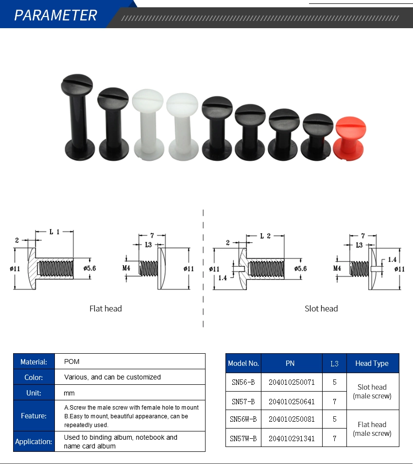 Plastic Nylon Injection Book Binding Rivet Screw Paper Clips Push to Lock Snap Fastener